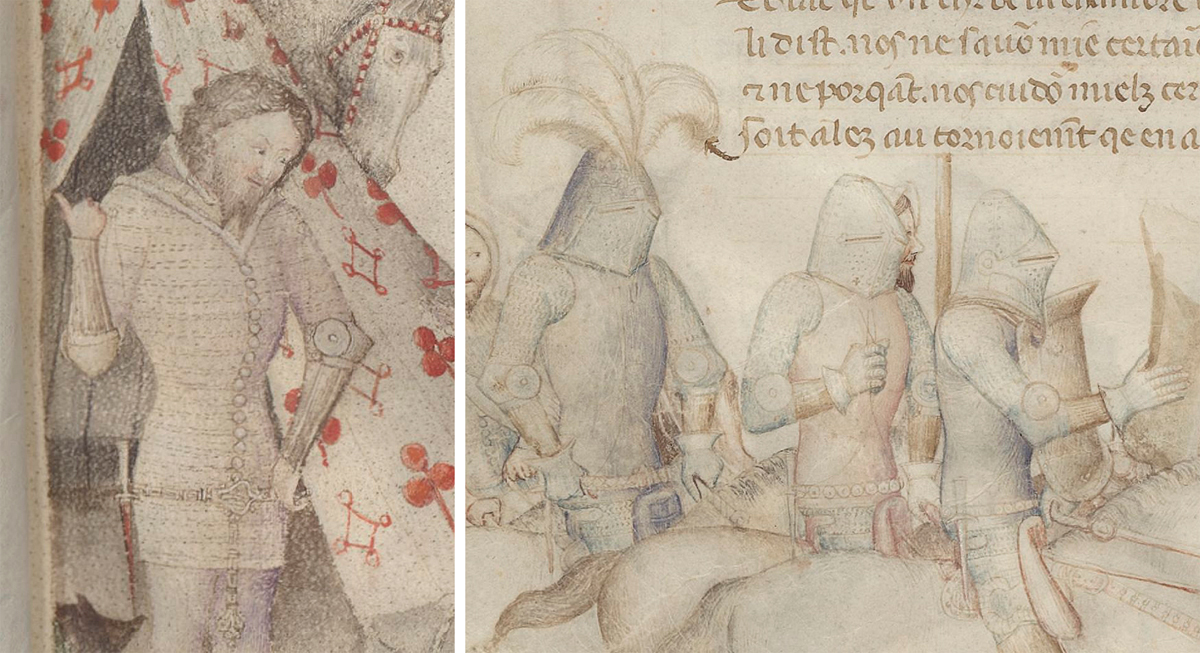 Composite braces and hourglass gauntlets based on manuscript Guiron le Courtois, circa 1370-1380. Material: medium carbon steel heat hardened and tempered up to 42 HRC, formed and beeswax hardened leather/ Przejciowe osony rk oraz rkawice klepsydrowe wzorowane na manuskrypcie Guiron le Courtois, datowanie 1370-1380. Materia: stal redniowglowa hartowana i odpuszczana do 42 HRC, formowana i utwardzona woskiem skra